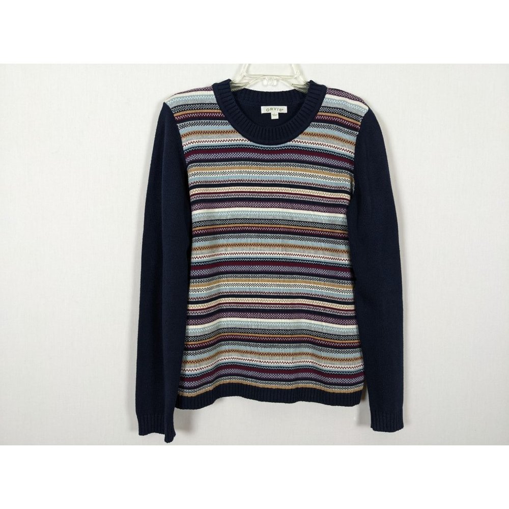 Orvis long‎ sleeve blue with multi colored stripes and shoulder pads women sz L